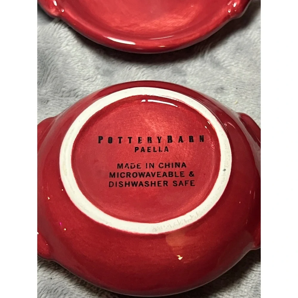 Pottery Barn Red Paella Dishes Set of 4 Fish Embossed Handled Bowls 5in Bakeware